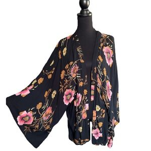 Style Envy 100% Rayon Black & Floral Print Open Front Kimono, Size L/XL
